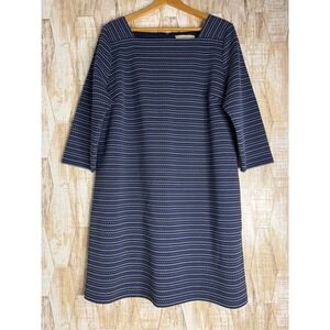 Loft Navy Blue Pinstripe Square Neck Shift Dress XL 3/4 Sleeve Textured Knit